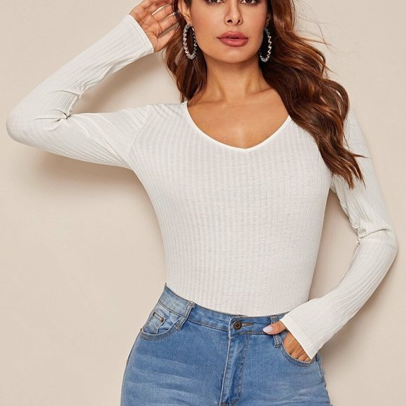 Cotton WHITE RIBBED KNIT TOP Long Sleeve TEE Ribbed LS T-Shirt Deep V Neck NEW - Picture 6 of 8